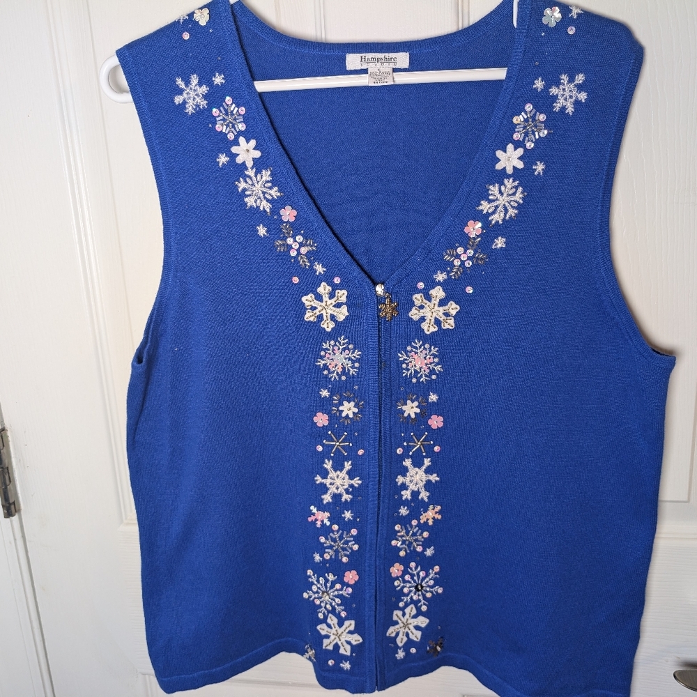 Hampshire Studio Blur Christmas Sweater Vest Zipper Sequins Beads Snowflakes L